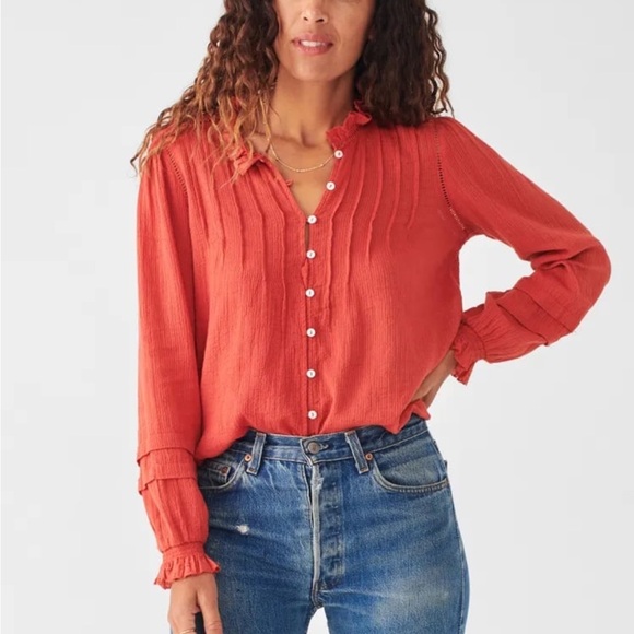 Faherty Blouse Willa Top - Carmine Warm Orange Pleated Peasant Sz S EUC - Picture 1 of 10